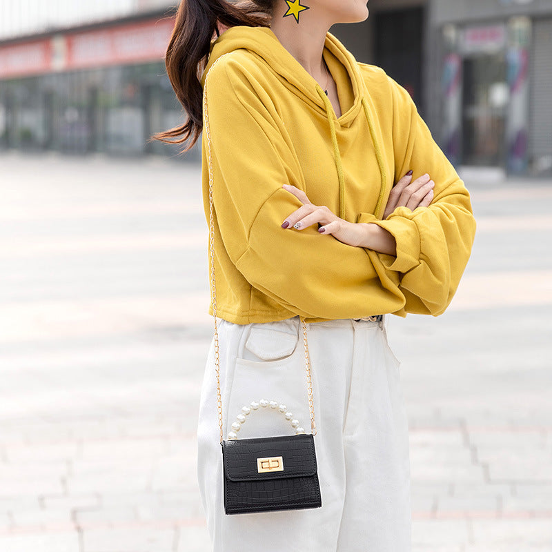 Fine Era Damen und Kinder Mini PU Schultertasche Messenger Bag Krokodil-Muster Perlen-Einzelriemen Lippenstift Bonbon-Muster Design mit Reißverschluss