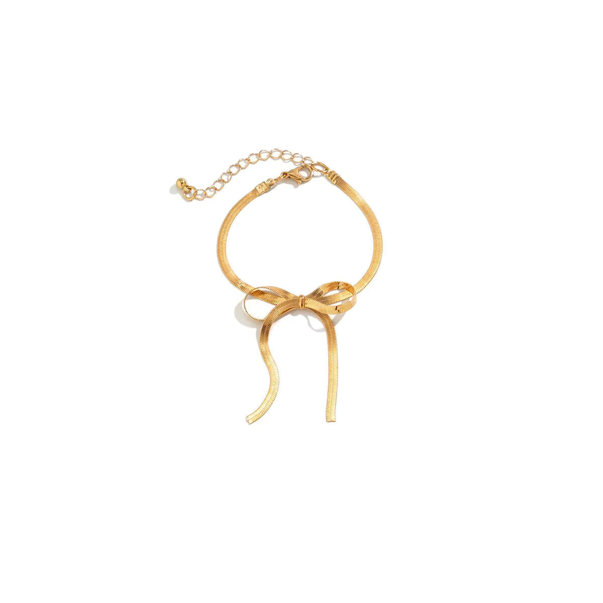 Trendiges Schlangenketten-Set aus Edelstahl in eleganter Box, vergoldet, bestehend aus Halskette, Armband und Ohrringen. Damen-Schmuck im Balletcore-Stil mit Schleifen-Ohrringen.