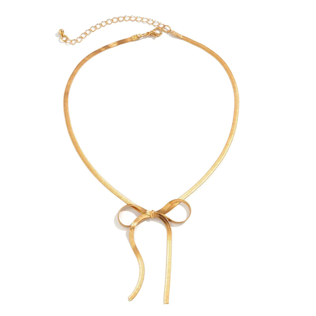 Trendiges Schlangenketten-Set aus Edelstahl in eleganter Box, vergoldet, bestehend aus Halskette, Armband und Ohrringen. Damen-Schmuck im Balletcore-Stil mit Schleifen-Ohrringen.