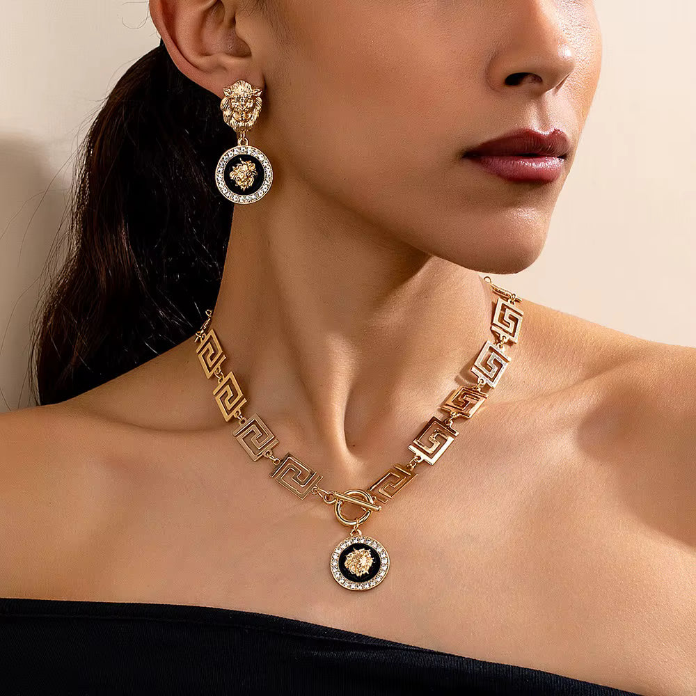 Vintage Goldplattiertes Löwenkopf Schmuckset – Halskette & Ohrringe (inkl. Schmuckbox)