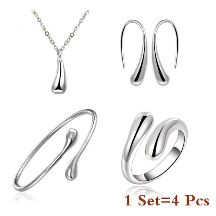 Neue Mode Damen Schmuckset 4-teilig in Elegante Geschenkbox – Silberfarbenes Set mit Halskette, Ohrringen, gedrehtem Ring und Armreif, vergoldet – Elegantes Schmuckset für Frauen