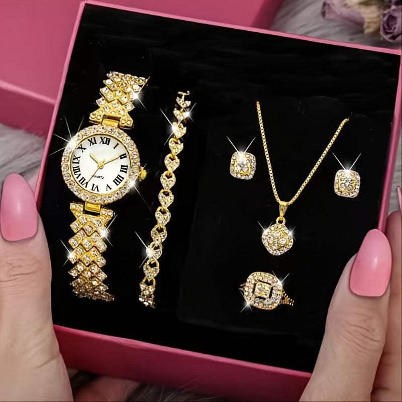 E-12 Luxus Schmuckset in Geschenkbox – 5-teilig mit Strass & Uhr