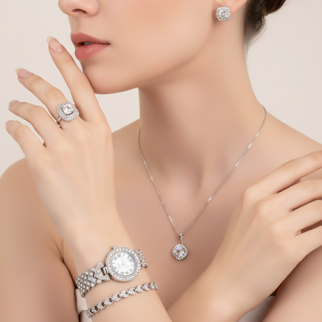 E-12 Luxus Schmuckset in Geschenkbox – 5-teilig mit Strass & Uhr