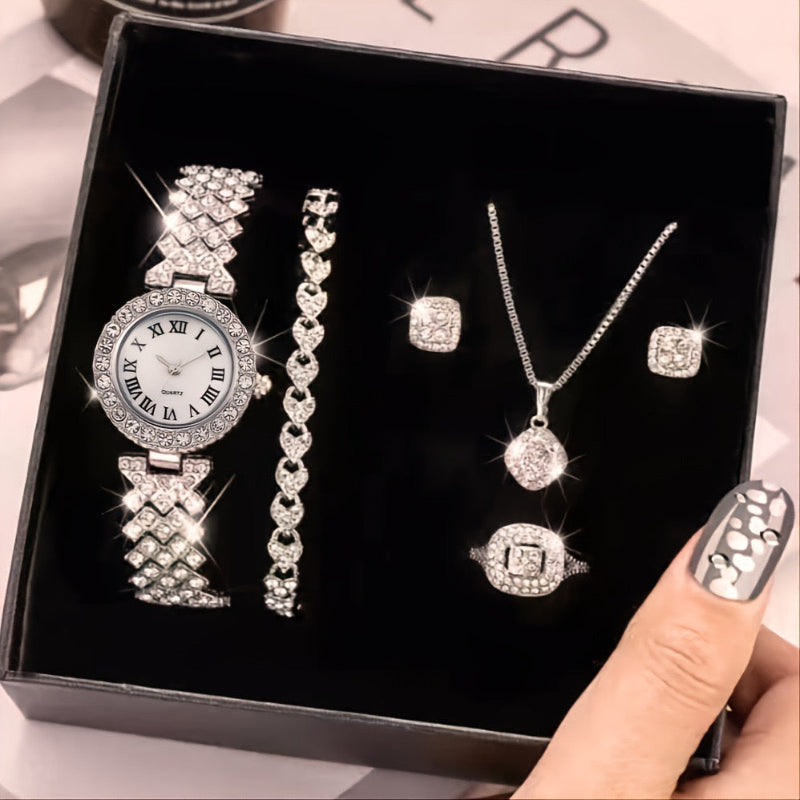 E-12 Luxus Schmuckset in Geschenkbox – 5-teilig mit Strass & Uhr