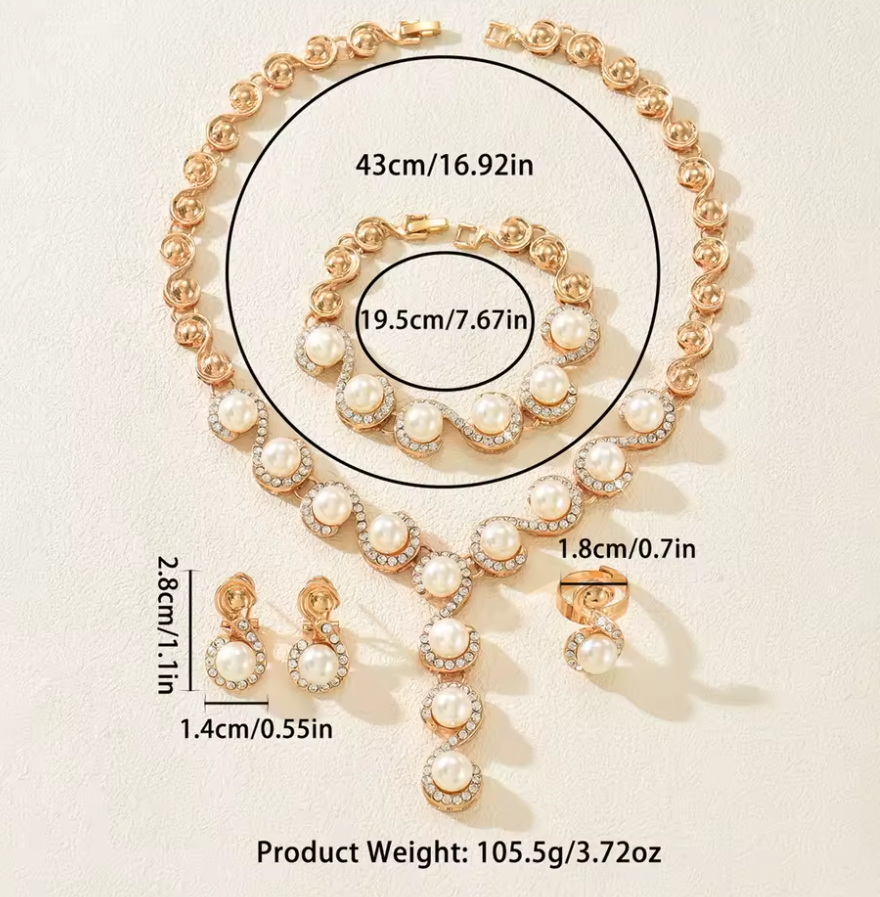 Elegantes Perlenschmuck Set Damen – 4-teilig mit Kristallen & Strass (Elegante Geschenkbox inklusive)