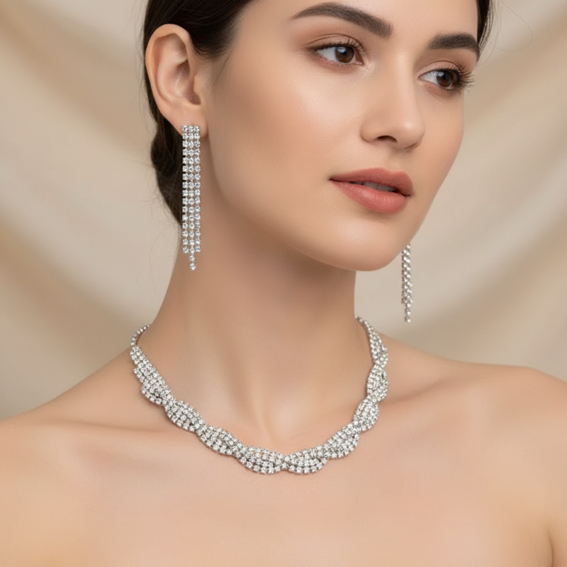 Neuer, glänzender silberner Kristall – elegantes Brautschmuck-Set in Box für Damen mit funkelnden Diamanten, Halskette und Ohrringen – perfekt für Hochzeiten und Abendkleider