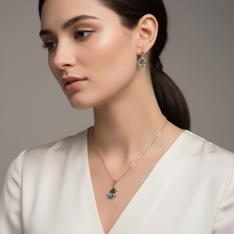 Jewelry set with blue teardrop pendants on a dark surface