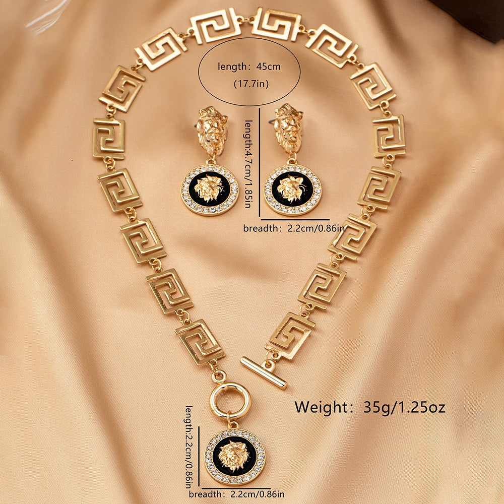 Vintage Goldplattiertes Löwenkopf Schmuckset – Halskette & Ohrringe (inkl. Schmuckbox)