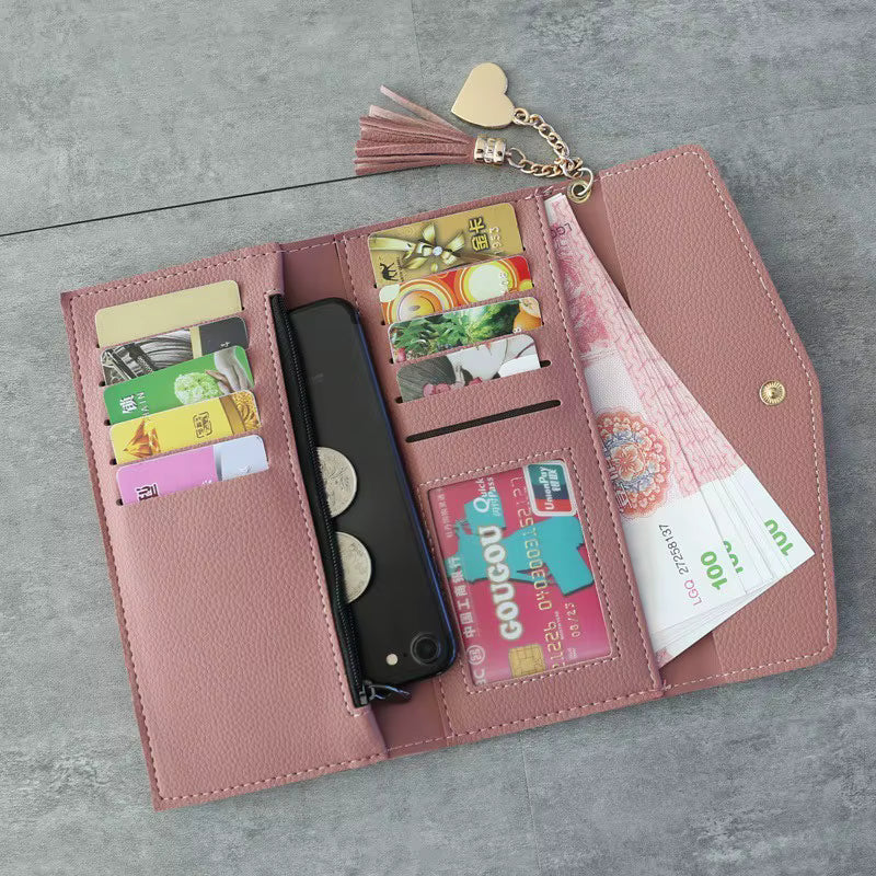 Langes Damenportemonnaie mit Quaste – Stylische PU-Leder Geldbörse