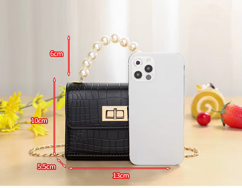 Fine Era Damen und Kinder Mini PU Schultertasche Messenger Bag Krokodil-Muster Perlen-Einzelriemen Lippenstift Bonbon-Muster Design mit Reißverschluss