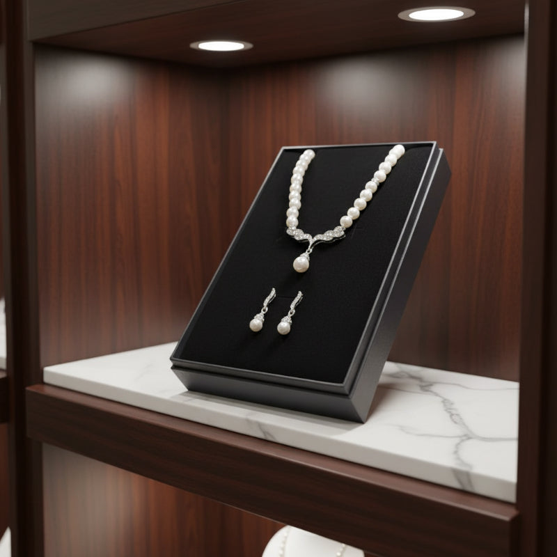 Glamour Kristall-Perlen Schmuckset für Damen in eleganter Box – Halskette mit passenden Ohrringen, elegantes Schmuckset für Frauen und Mädchen, ideal für Hochzeiten und Abendkleider