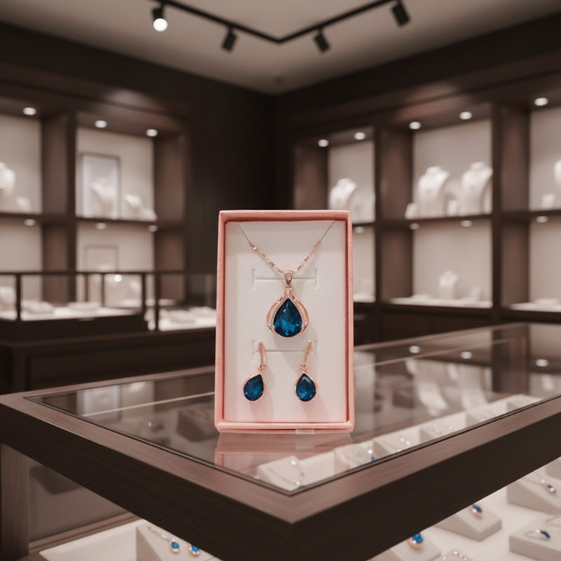 Elegantes Trendy Schmuckset Damen (Elegante Geschenkbox inklusive) – Saphirblaues Wassertropfen-Kristall Set (vergoldet)