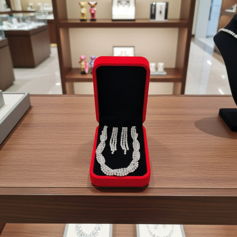 Neuer, glänzender silberner Kristall – elegantes Brautschmuck-Set in Box für Damen mit funkelnden Diamanten, Halskette und Ohrringen – perfekt für Hochzeiten und Abendkleider