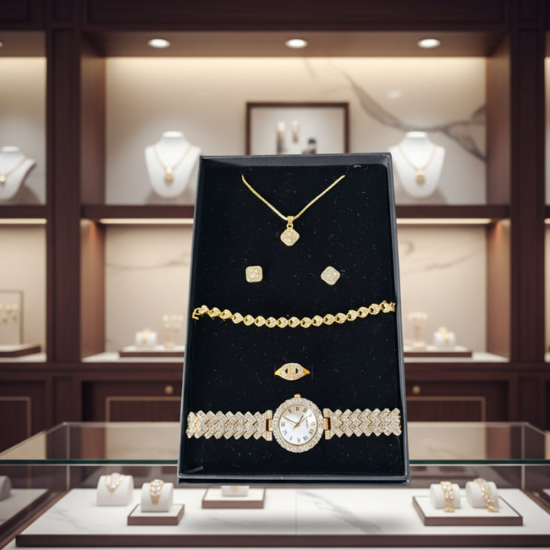 E-12 Luxus Schmuckset in Geschenkbox – 5-teilig mit Strass & Uhr