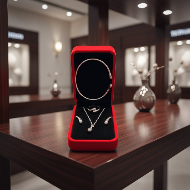 Neue Mode Damen Schmuckset 4-teilig in Elegante Geschenkbox – Silberfarbenes Set mit Halskette, Ohrringen, gedrehtem Ring und Armreif, vergoldet – Elegantes Schmuckset für Frauen