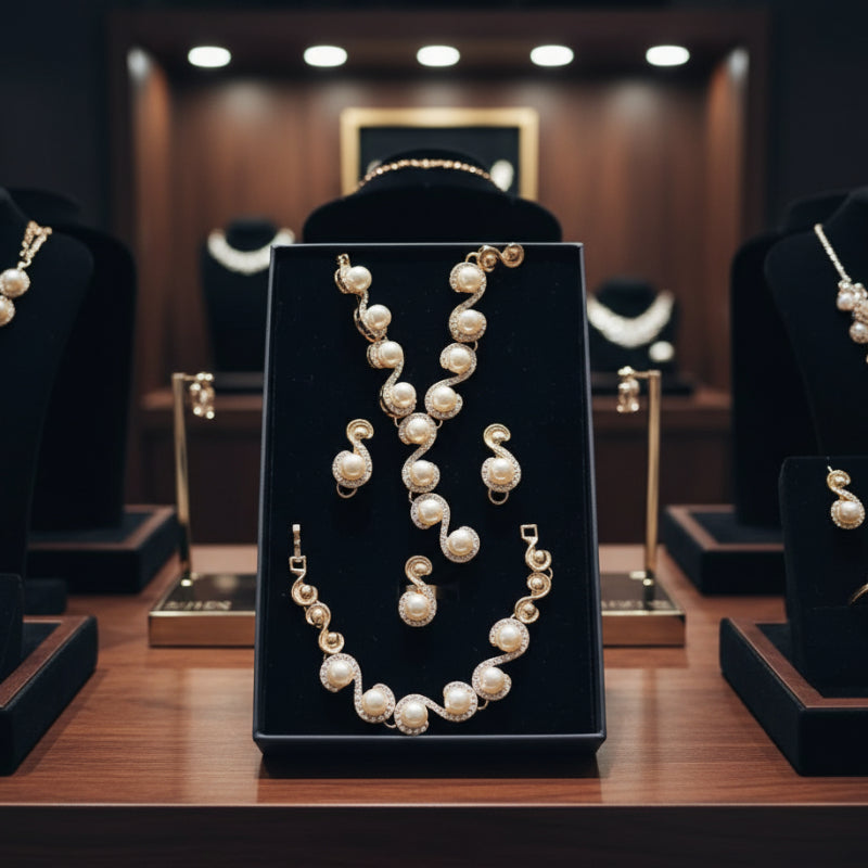 Elegantes Perlenschmuck Set Damen – 4-teilig mit Kristallen & Strass (Elegante Geschenkbox inklusive)