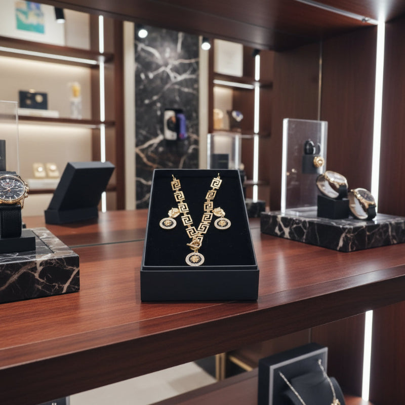 Vintage Goldplattiertes Löwenkopf Schmuckset – Halskette & Ohrringe (inkl. Schmuckbox)